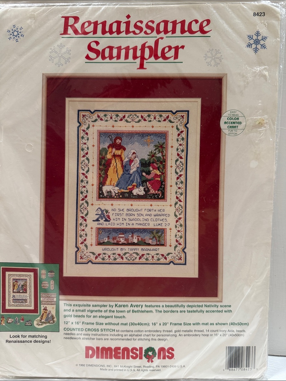 Dimensions Renaissance Sampler Nativity Cross Stitch Kit - Red 1992